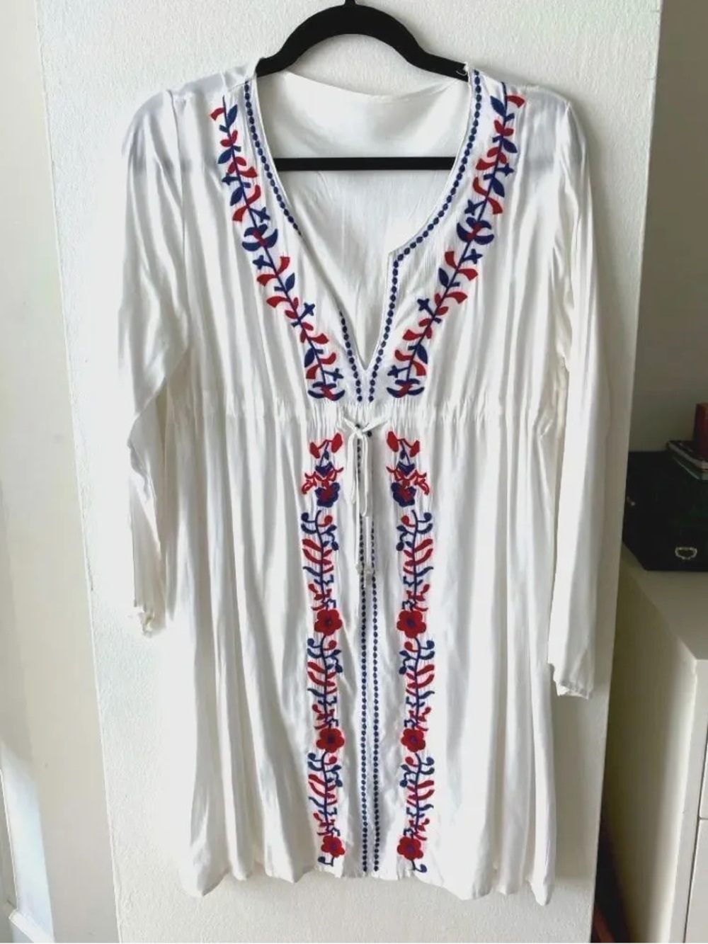 White Embroidered V-Neck Boho Dress with Red & Blue Floral Trim